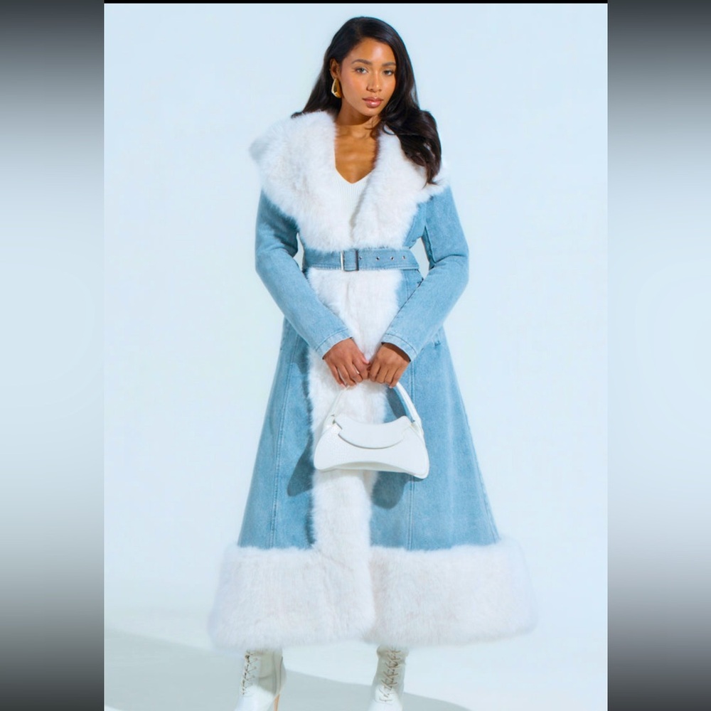 Denim blue fur trim coat sz. L